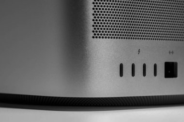 Thunderbolt ports and ethernet connection still life of modern new desktop computer system