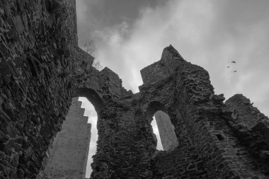 Almanya 'daki Monreal harabe kalesinin gri ölçekli alçak açılı bir görüntüsü.