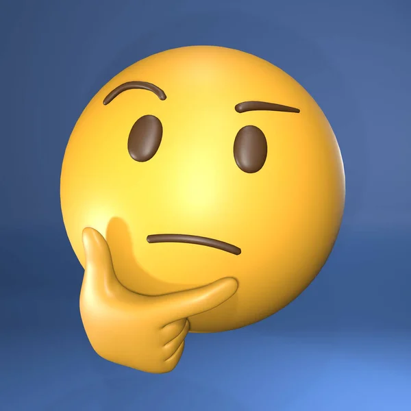 Vertikal Återgivning Gul Emoji Ansikte Isolerad Blå Bakgrund Tänkande Ansikte — Stockfoto