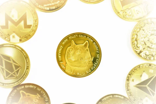 Dogecoin Dourado Criptomoeda Cercado Por Outros Bitcoins Isolados Fundo Branco — Fotografia de Stock