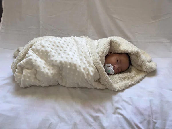 Sweet Peaceful Baby Lying White Bedsheet Enjoy Daytime Nap Indoors — Stock Photo, Image