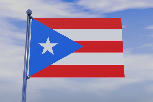 Mavi Gökyüzünde Krom Bir Bayrak Direğiyle Porto Riko Bayrağının Boyutlu — Stok fotoğraf