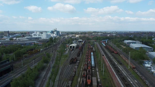 Aerial View Railway Freight Yard Rolling Stock Industrial Estate Background — Stok fotoğraf