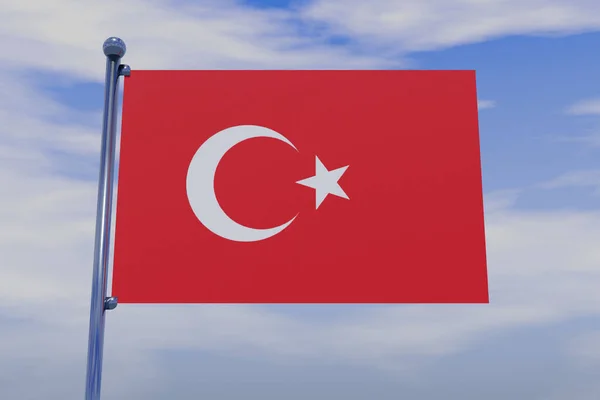 土耳其国旗的3D图像 带有彩色旗杆 蓝天上有钩子 — 图库照片
