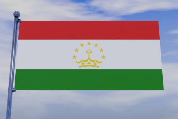 Tacikistan Bayrağının Mavi Gökyüzünde Kancalı Krom Bir Bayrak Direğiyle Boyutlu — Stok fotoğraf