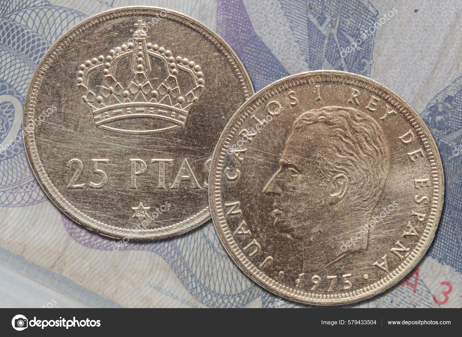 西班牙比塞塔硬币正面和正面1868年至2002年期间西班牙货币—— 库存社论照片© wirestock_creators #579433504