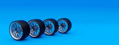 Mavi arka planda üç boyutlu bir araba tekerleği çizimi