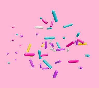 Pembe izole arkaplanda renkli dekoratif serpiştirmelerin üç boyutlu çizimi.