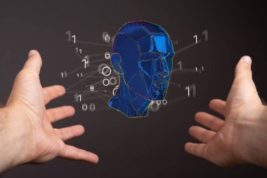 Ellerinin üzerinde süzülen illüstrasyon dolu bir siber insan kafası olan birinin elleri. Teknoloji kavramı.