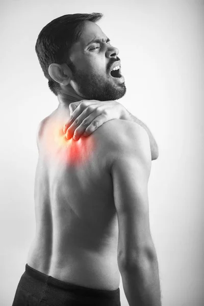 Red Highlight Signifying Body Pain Shoulder Blade Injury Monochrome Human — Stock Photo, Image