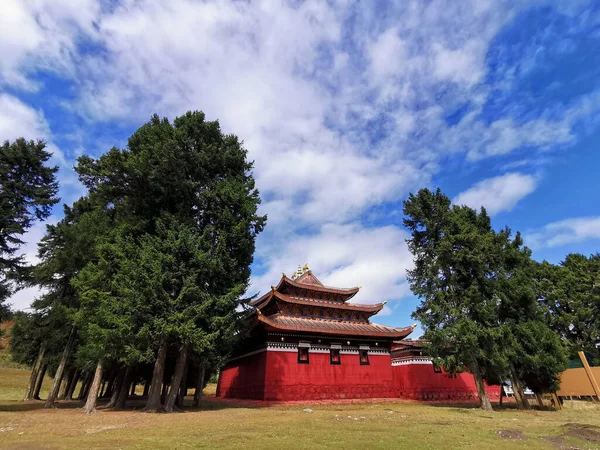 Tiro Templo Budista Vermelho Cercado Por Árvores — Fotografia de Stock