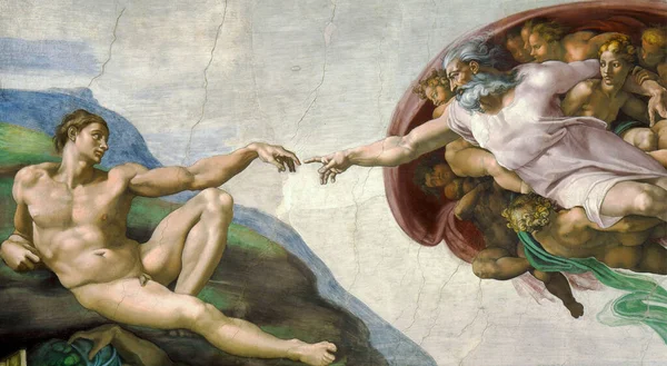 A painting of creation of Adam by Michelangelo at the Sistine chapel