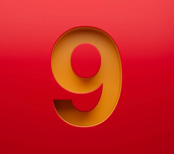 红色背景3D插图上3D数字9或9个圆锥形金号 — 图库照片