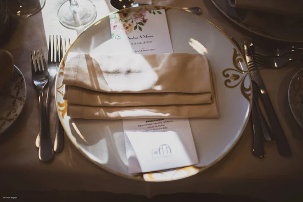 Top View Wedding Invitation Tablecloth Plate Wedding Day — Photo