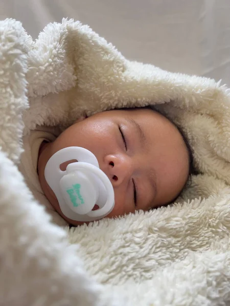 Sweet Peaceful Baby Lying White Bedsheet Enjoy Daytime Nap Indoors — Stock Photo, Image