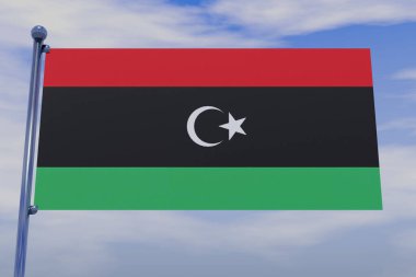 Mavi gökyüzünde krom bir bayrak direğiyle Libya bayrağının 3 boyutlu bir çizimi