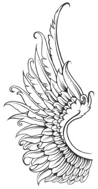 Beyaz arka planda şeffaf bir kanadın siyah çizimi. Yaratıcı dövme fikirleri