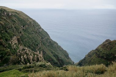 A gorgeous view of green grassy hills overlooking a calm sea in Madeira, Portugal on a sunny day