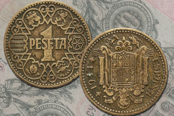 Spanish peseta coin obverse and revese. Currency of Spain between 1868 and 2002.