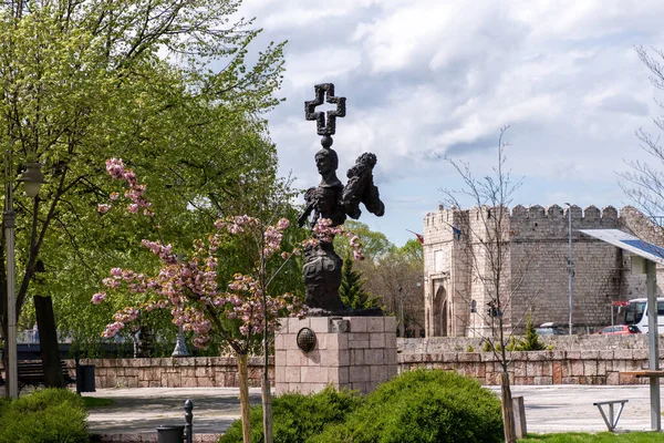 Ein Schöner Blick Auf Die Statue Mit Kirschblütenbäumen Park Des — Stockfoto