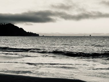 Kumsalda bulutlu bir günün gri tonlu görüntüsü.