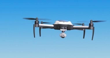 A drone flying on the blue sky background - new equipment, modern technology