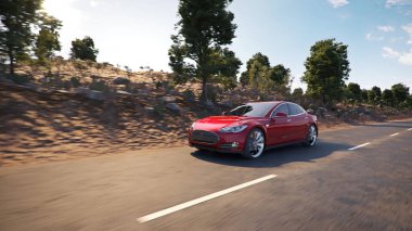 Yolda giden kırmızı elektrikli bir arabanın 3 boyutlu görüntüsü.