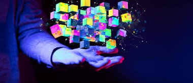 A closeup of illustrated Data cloud storage near a hand