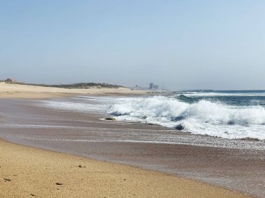 A beautiful view of sandy beach and huge waves of the ocean against blue sky in bright sunlight