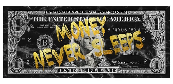 Grayscale Design One Dollar Text Money Never Sleeps Isolated White — Fotografia de Stock