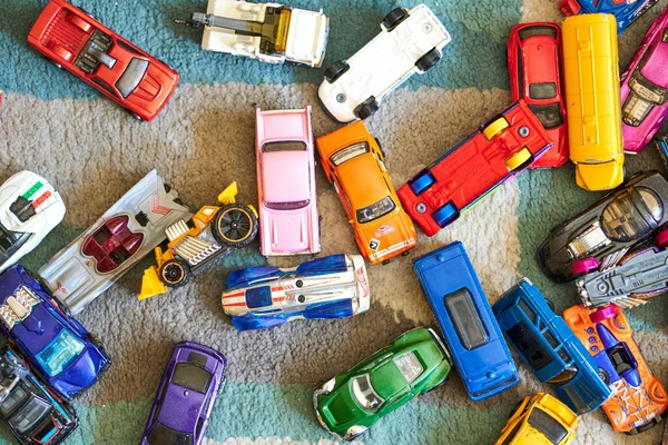 Collection Many Mattel Hot Wheels Toy Model Cars Carpet Floor — Stock Photo, Image