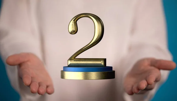 Rendering Second Place Golden Award Male Hand Holding Blurry Background — Stock Photo, Image
