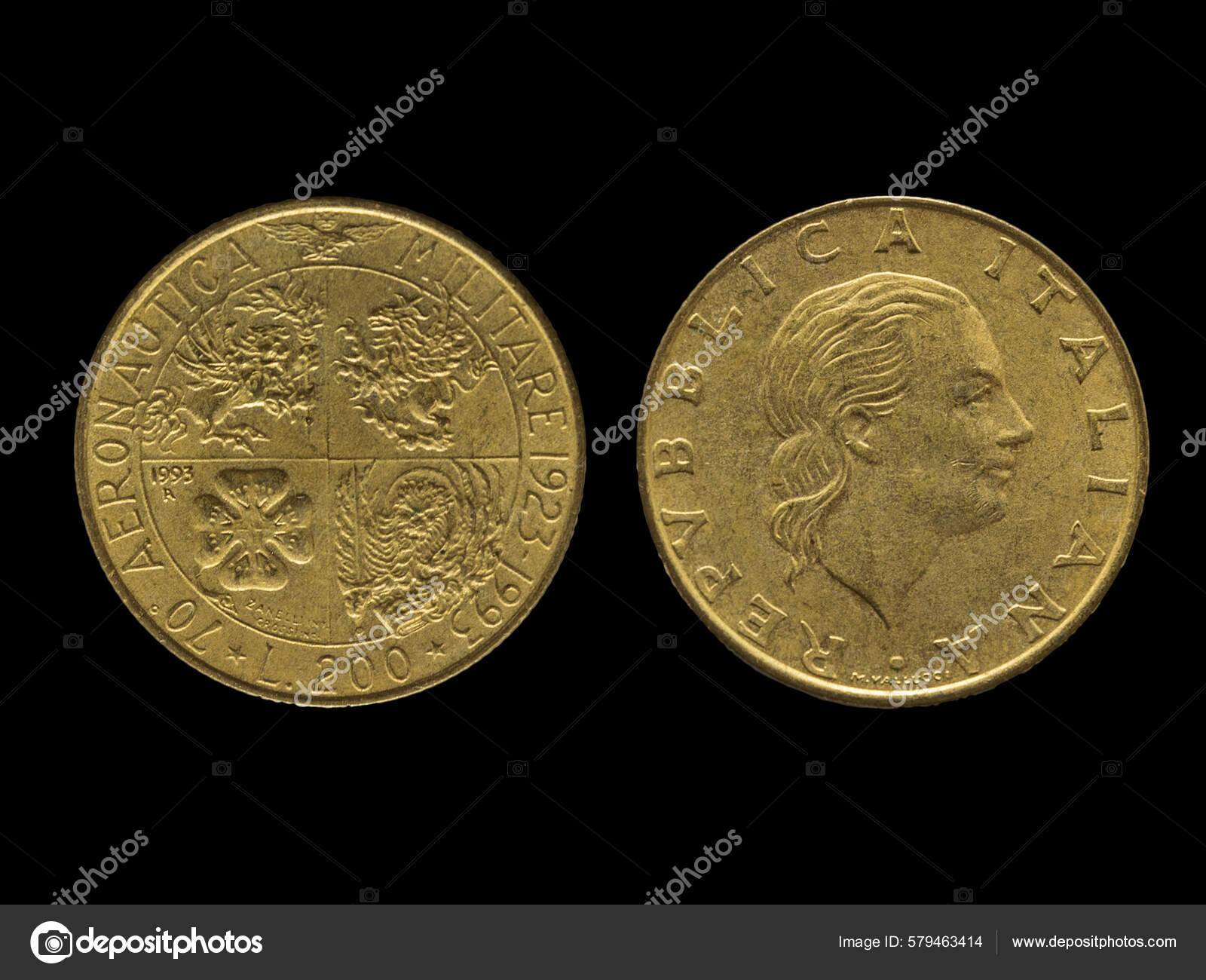 古老的意大利里拉硬币的正面和反面意大利共和国旧货币——图库图片© wirestock_creators #579463414