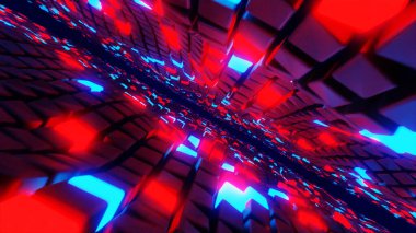 A 3D rendering of an abstract tech futuristic background with red and blue light streaks