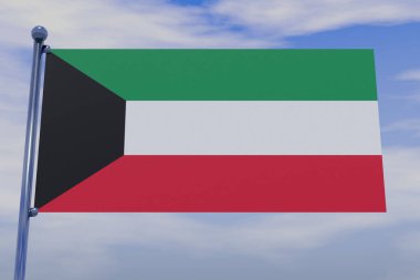 Mavi gökyüzünde kancalı krom bir bayrak direğiyle Kuveyt bayrağının 3 boyutlu bir çizimi.