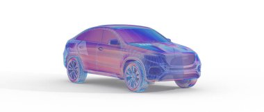 A 3D rendering of a futuristic car on a white background