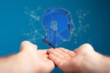 3 boyutlu bir hologram bir insanın elinde asılı duran insan kafası - yapay zeka konsepti