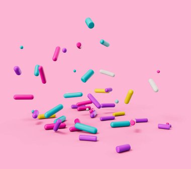 Pembe izole arkaplanda renkli dekoratif serpiştirmelerin üç boyutlu çizimi.