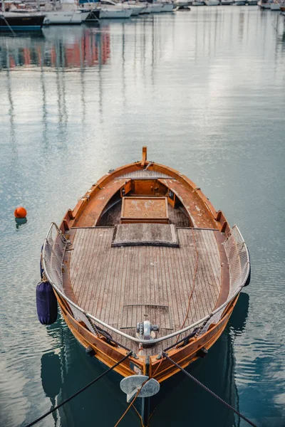 Vertical Closeup Shot Wooden Sailing Boat Parked Harbor Genoa Italy — Stock Photo, Image