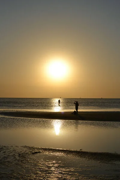 Människor Som Njuter Natursköna Solnedgången Stranden — Stockfoto
