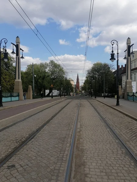 Vertical Shot Tram Track Rails Most Teatralny Bridge City Center — Stock Photo, Image