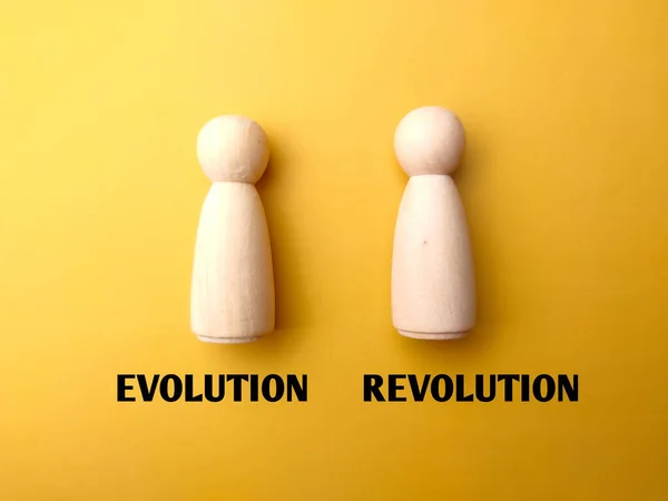 Wooden Figures Words Evolution Revolution Isolated Yellow Background — Stock Photo, Image