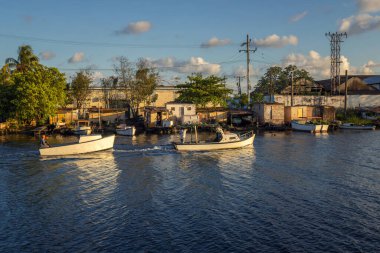 Akşamları Matanzas, Küba 'da mavi bir nehirde yüzen balıkçıların manzarası