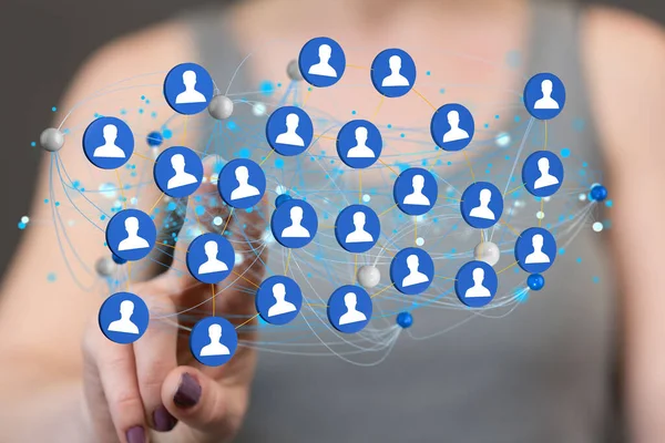 Person Pressing Digital Floating Render Blue Interconnected Profile Icons Networking — Stock Photo, Image