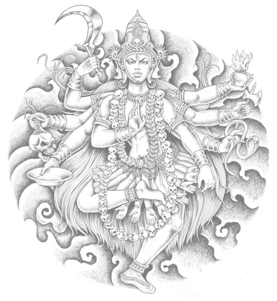The drawing of goddess Shiva with eight arms