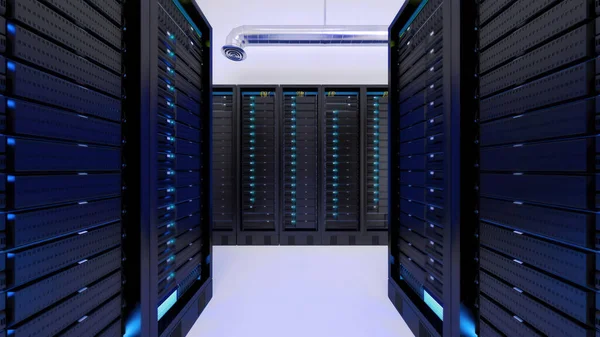 A 3D rendering of multiple computer racks in the server room