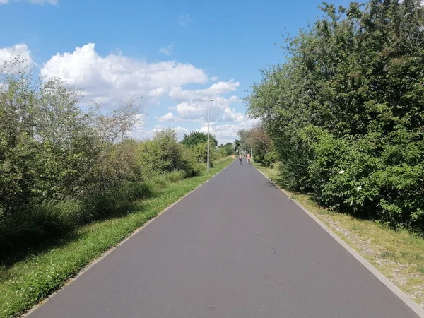 Güneşli bir günde Warta nehrinin yanında asfalt bir yol.