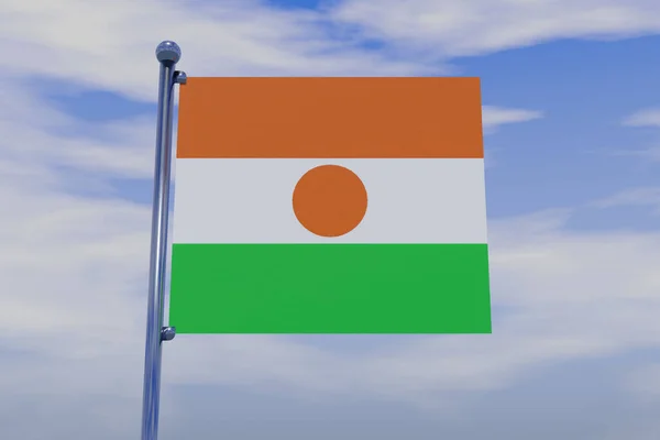 尼日尔国旗的三维图像 带有彩色旗杆 蓝天上有钩子 — 图库照片