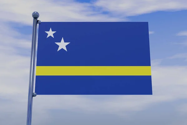 库拉索岛旗的三维图片说明 带有彩色旗杆 蓝天上有钩子 — 图库照片