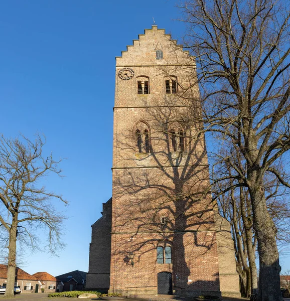 Tall Church Tower Christophorus Kerk Geesteren Town Seen Winter Barren — Stok fotoğraf